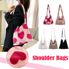 Women Star Heart Print Plush Shopping Bags Ladies Winter Shoulder Bag