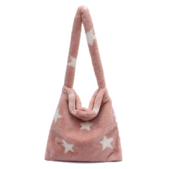 Women Star Heart Print Plush Shopping Bags Ladies Winter Shoulder Bag