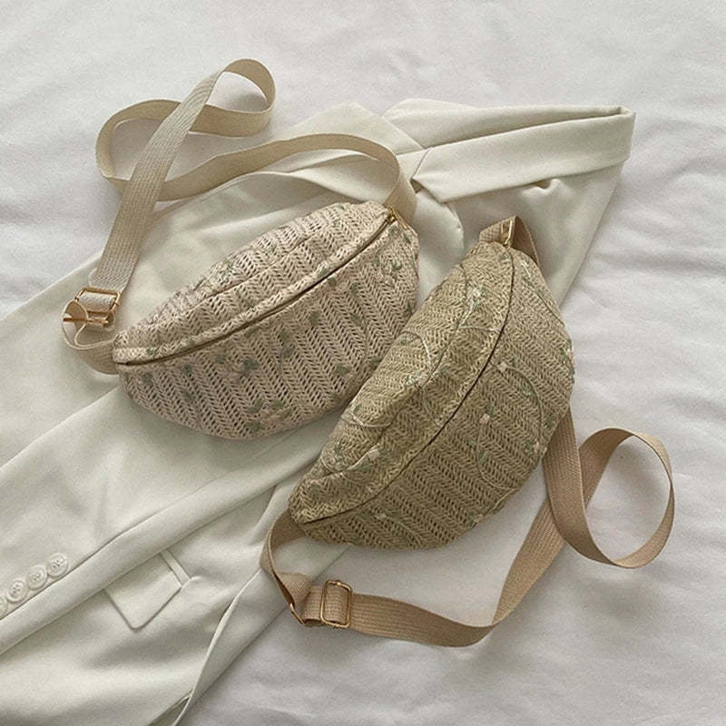 Straw Waist Fanny Pack Large Phone Bag Travel Crossbody Chest Purse