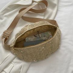 Straw Waist Fanny Pack Large Phone Bag Travel Crossbody Chest Purse