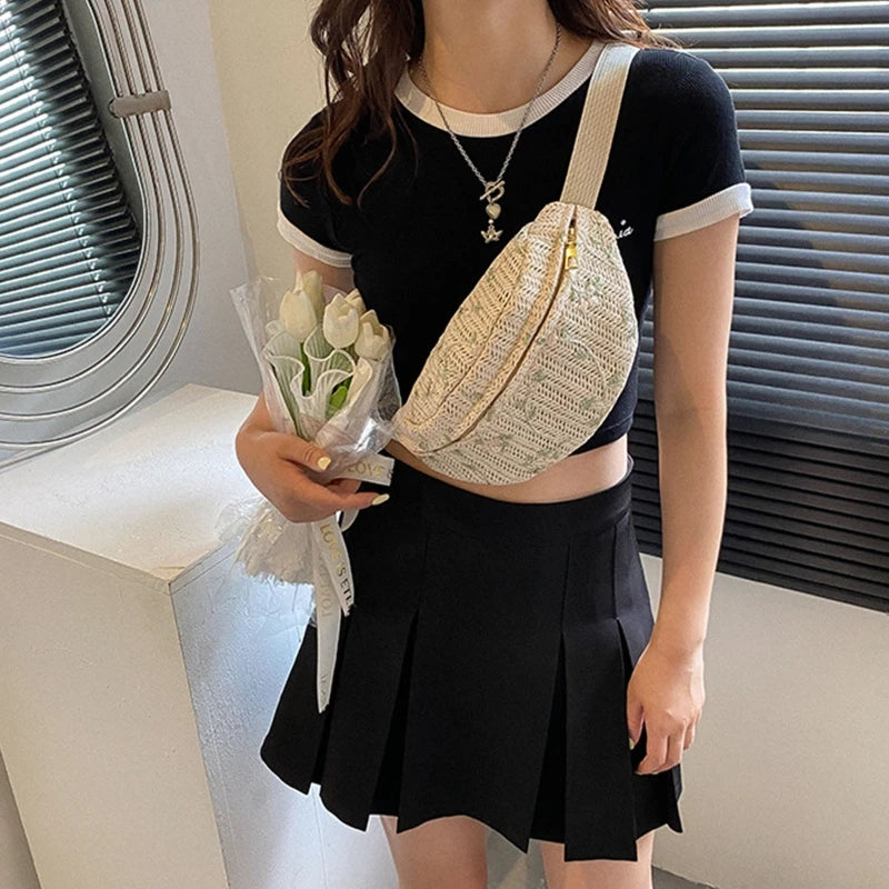 Straw Waist Fanny Pack Large Phone Bag Travel Crossbody Chest Purse