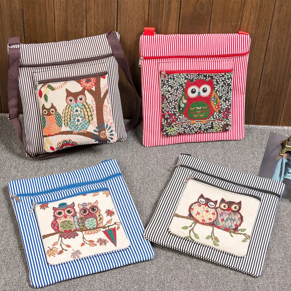 Women Stripe Messenger Bag Crossbody Owl Canvas Shoulder Bag Girl