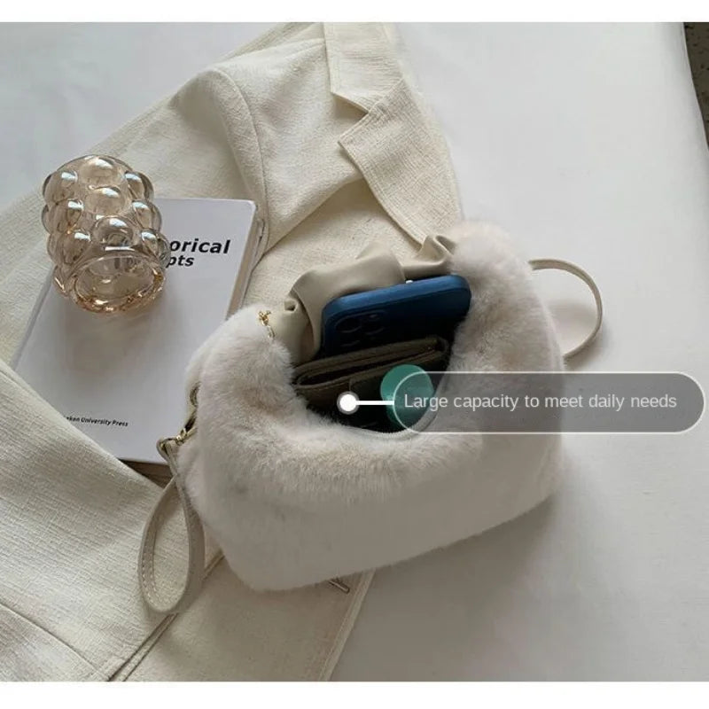 Faux Fur Handbags Small Lady Shoulder Bag Zipper Casual Tote