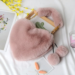 Heart Shaped Faux Fur Winter Handbag for Women