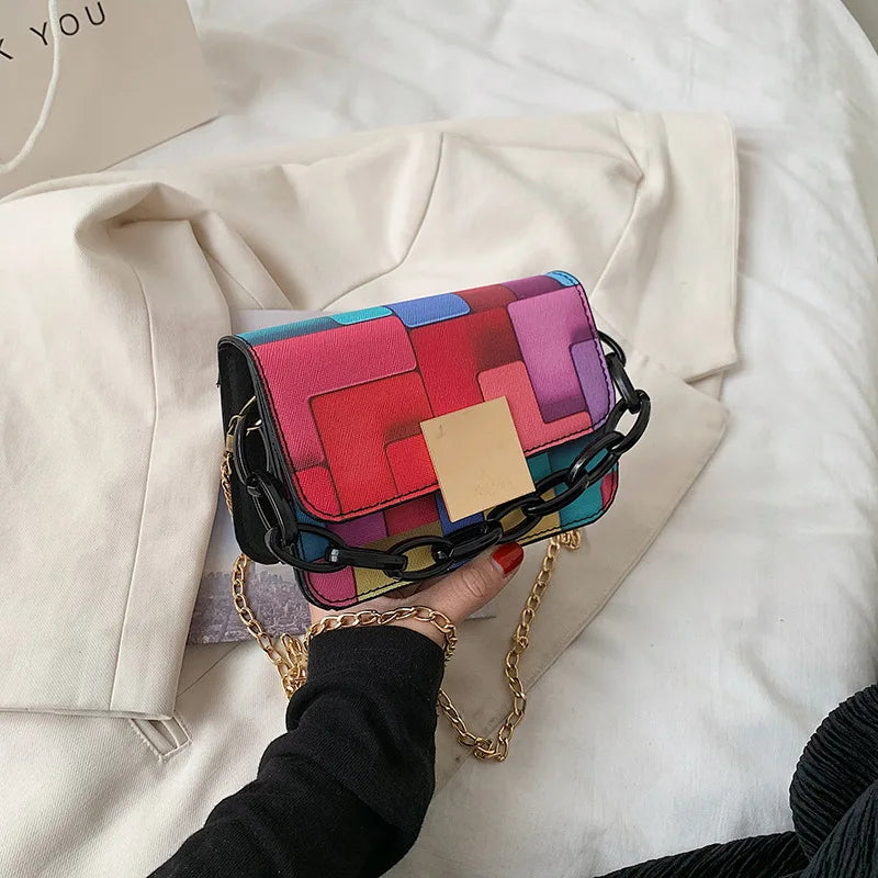 Women Rainbow Chain Small Square Bag Messenger Handbag