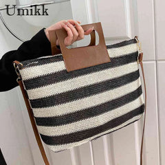 Women Knit Messenger Bag Striped Zipper Soft for Travel
