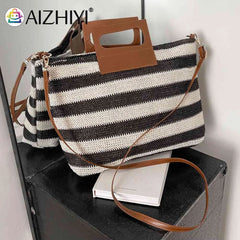 Women Clutch Handbag Striped Knit Top-Handle Soft Zipper