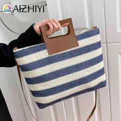 Women Clutch Handbag Striped Knit Top-Handle Soft Zipper