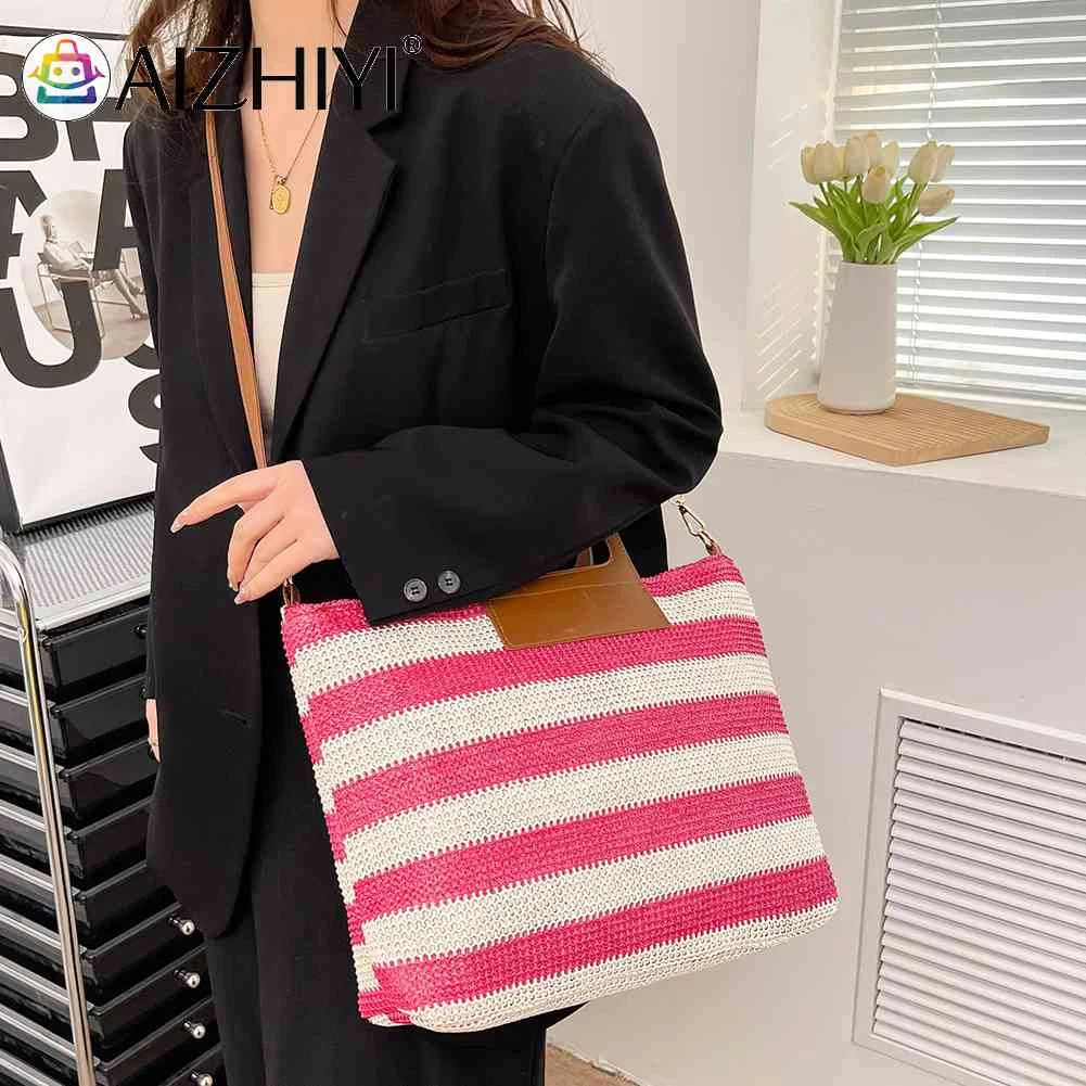 Women Clutch Handbag Striped Knit Top-Handle Soft Zipper