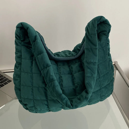 Women Quilted Plaid Tote Bag Soft Winter Large Capacity Solid Casual