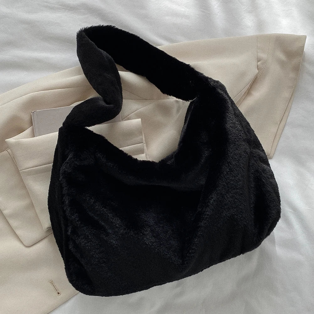 Soft Fluffy Plush Tote Shoulder Bag for Women, Zipper Phone Cosmetic Holder
