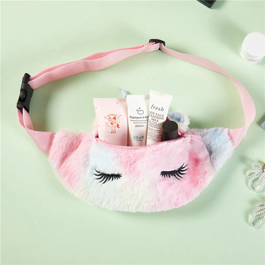 Women Flannel Waist Pack Unicorn Eyelash Shoulder Belt Bag