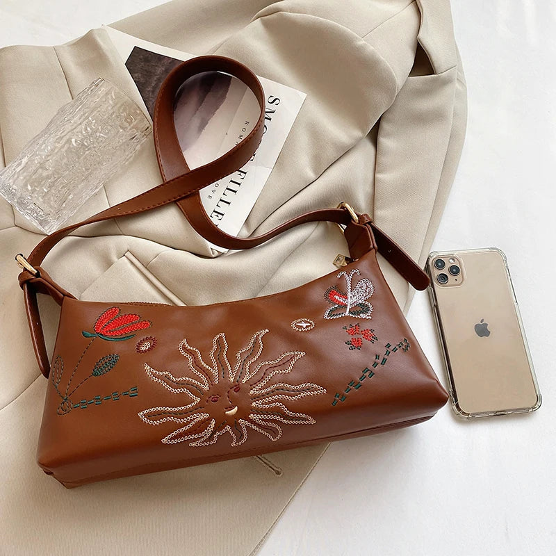 Women Flower Embroidery Bag Soft Pu leather Shoulder Crossbody Bags