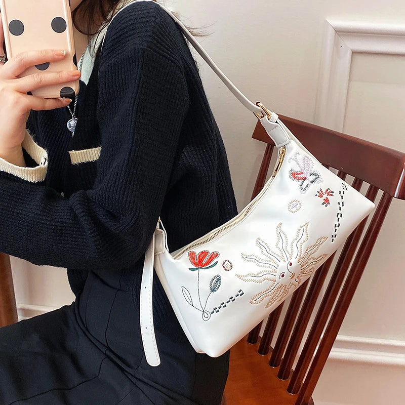 Women Flower Embroidery Bag Soft Pu leather Shoulder Crossbody Bags