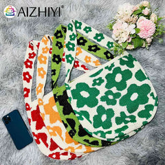 Women Flower Knitted Shoulder Bag Handbag Large Capacity Travel Tote