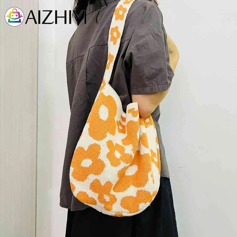 Women Flower Knitted Shoulder Bag Handbag Large Capacity Travel Tote