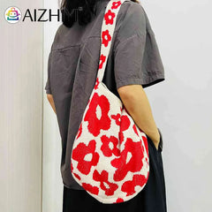 Women Flower Knitted Shoulder Bag Handbag Large Capacity Travel Tote