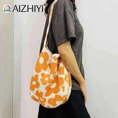 Women Flower Knitted Shoulder Bag Handbag Large Capacity Travel Tote