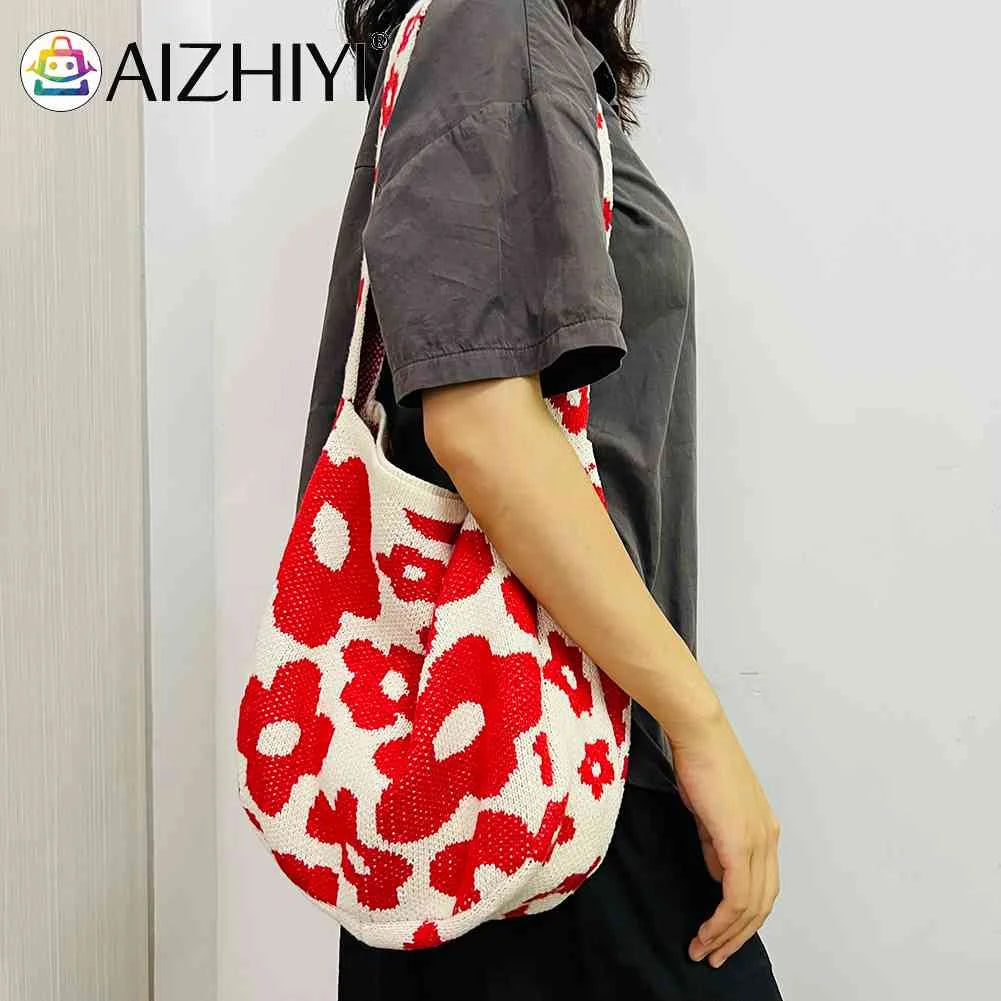 Women Flower Knitted Shoulder Bag Handbag Large Capacity Travel Tote