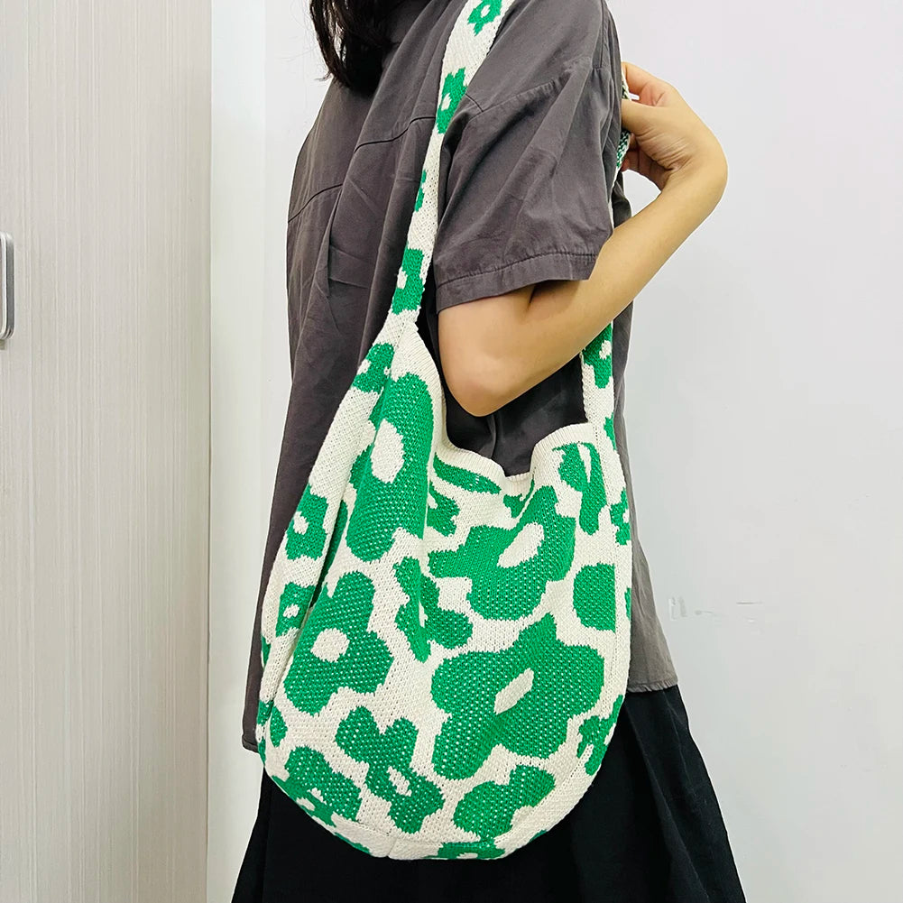 Women Flower Knitted Shoulder Bag Travel Shopper Bag Female Handbags