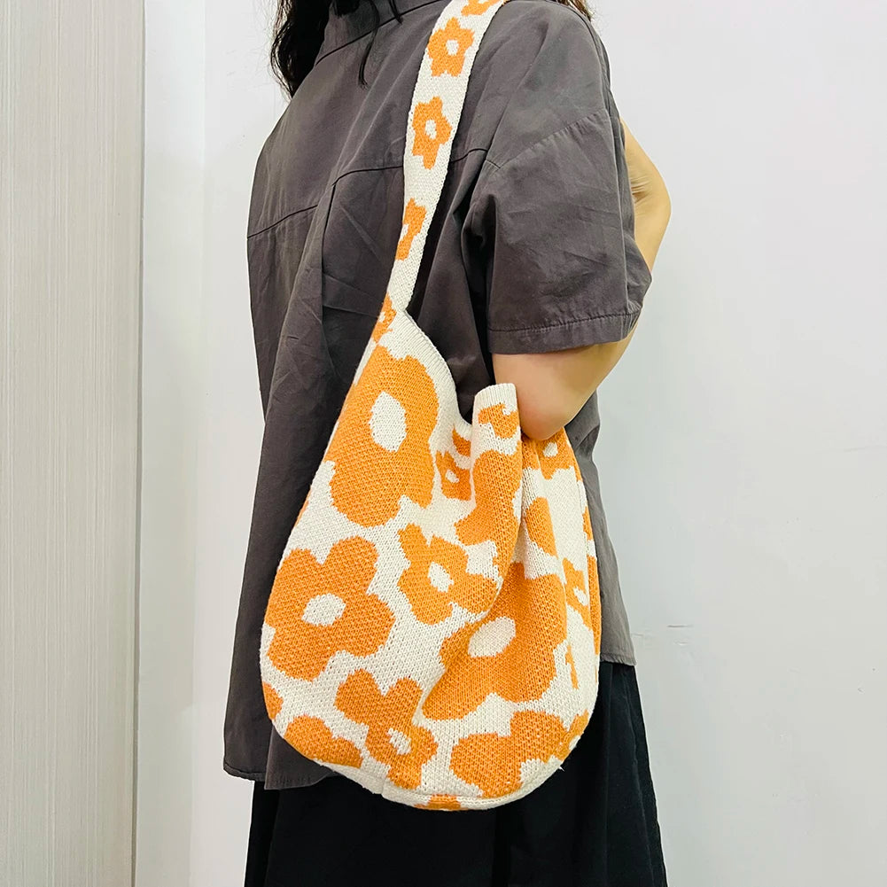 Women Flower Knitted Shoulder Bag Travel Shopper Bag Female Handbags