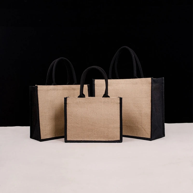 Women Foldable Jute Burlap Tote Bag Large Reusable Grocery Bags with Handles