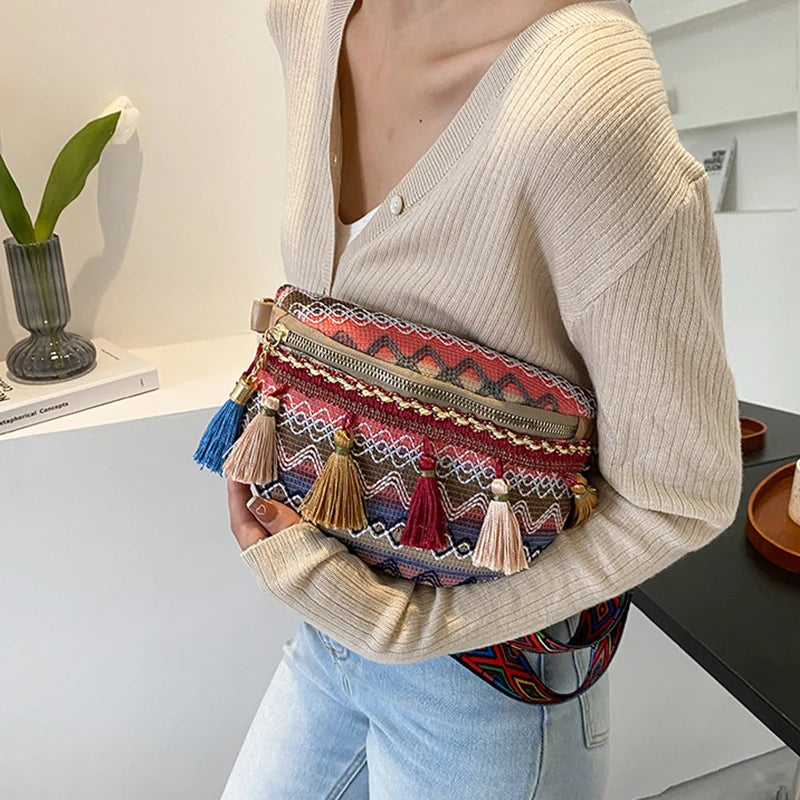 Women Folk Style Waist Bag with Adjustable Strap Fanny Pack