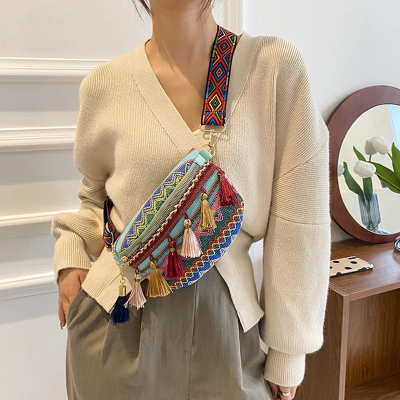 Women Folk Style Waist Bag with Adjustable Strap Fanny Pack