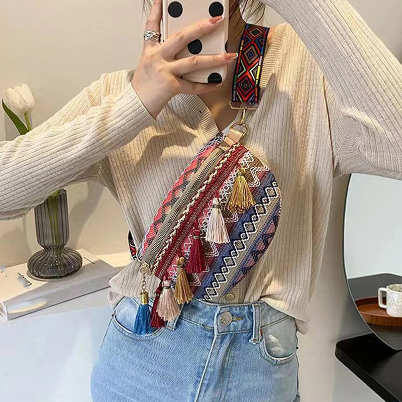 Women Folk Style Waist Bags with Adjustable Strap Fanny Pack