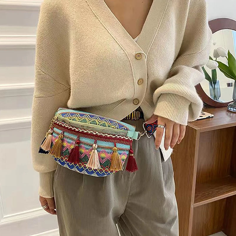 Women Folk Style Waist Bags with Adjustable Strap Fanny Pack