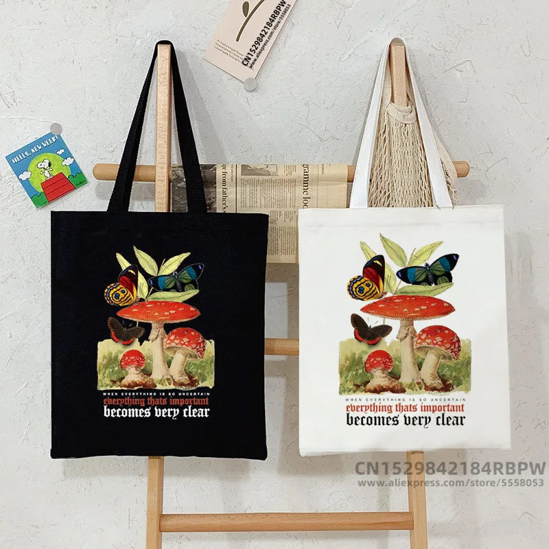 Funny Butterfly Mushroom Shoulder Canvas Bag Harajuku Shopper Handbag