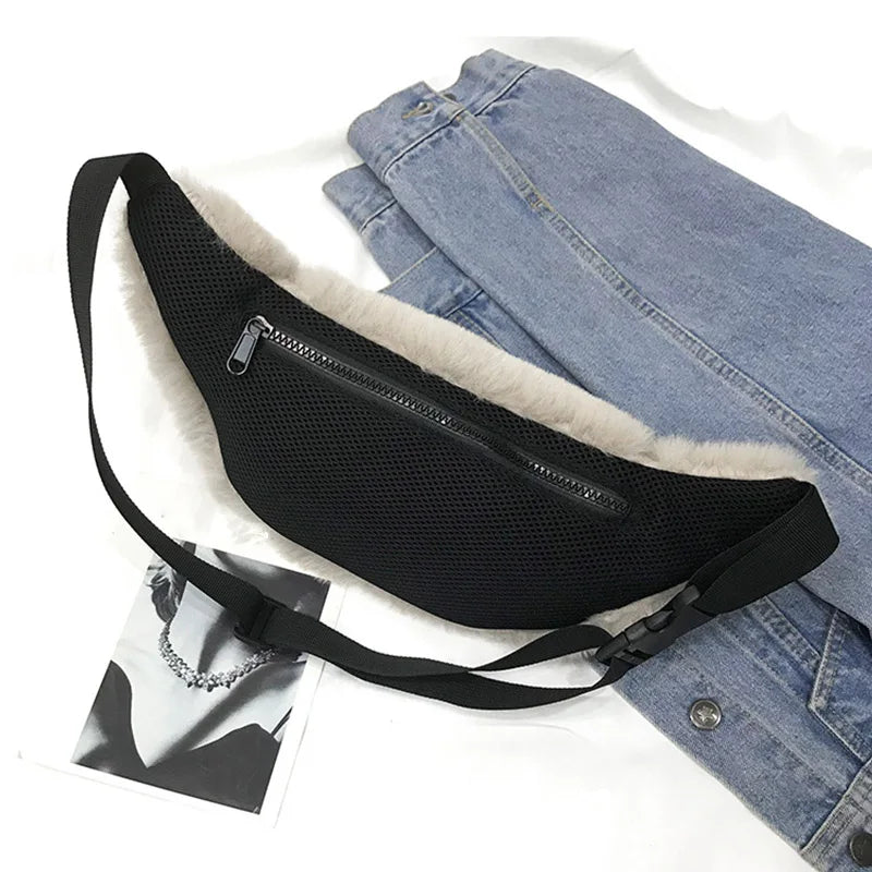 Women Fur Bag Belt Faux Chest Pack Bag Waist Casual Winter Plush