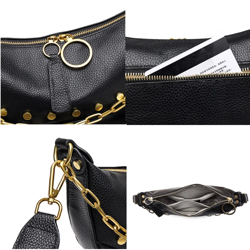 Leather Chain Handbag Soft Tote Bag Rivet Shoulder Bag