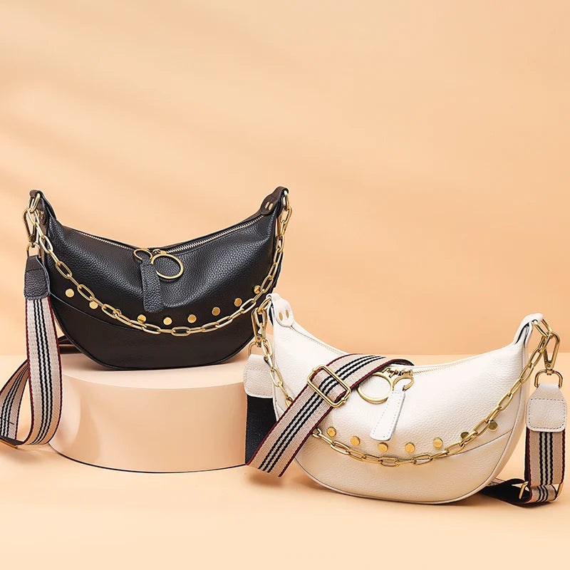 Leather Chain Handbag Soft Tote Bag Rivet Shoulder Bag