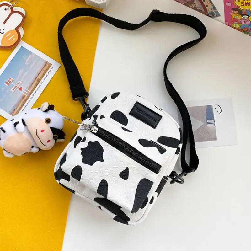 Cartoon Cow Print Crossbody Bag Canvas Messenger Tote Purse