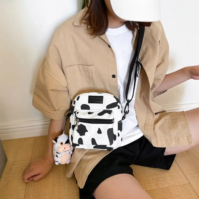 Cartoon Cow Print Crossbody Bag Canvas Messenger Tote Purse