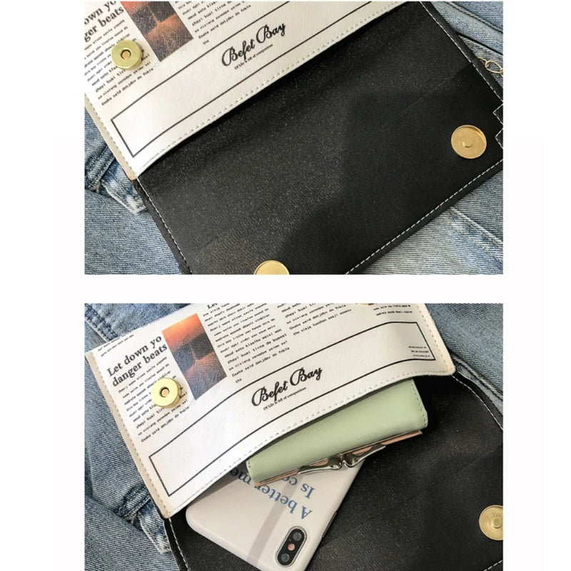 Newspaper Pattern Crossbody Bag Satchel Tote Purse