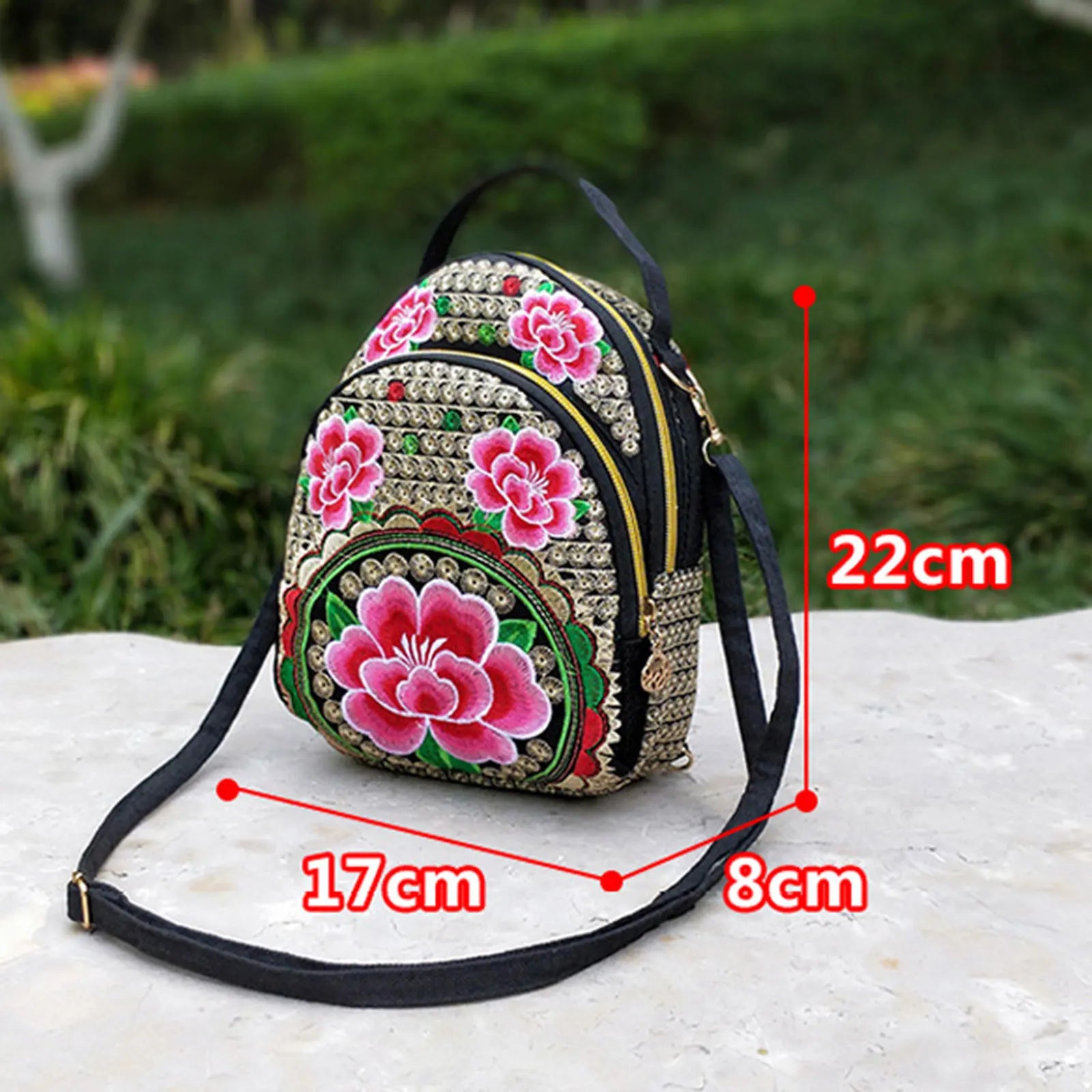 Vintage Mini Crossbody Backpack Embroidered Flower Zipper Bag