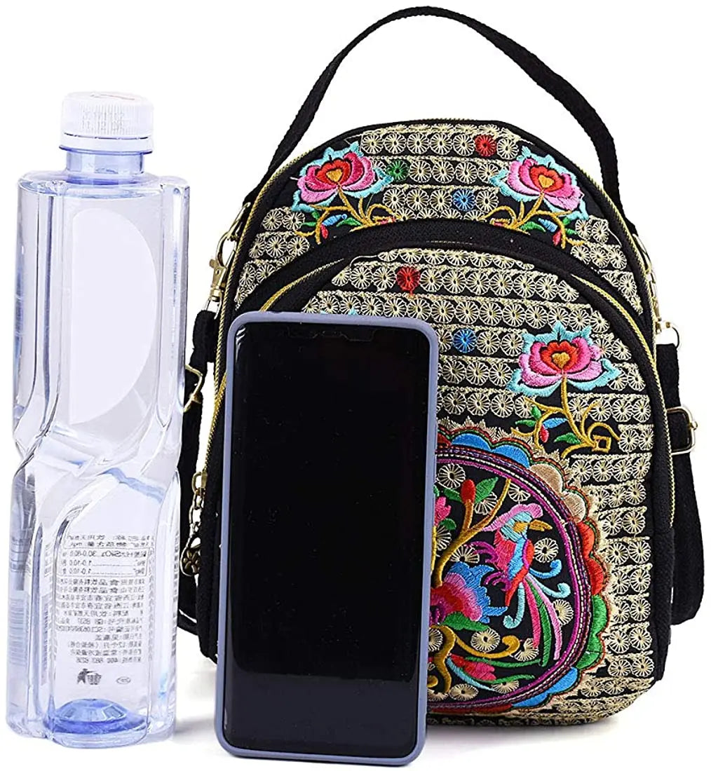 Vintage Mini Crossbody Backpack Embroidered Flower Zipper Bag