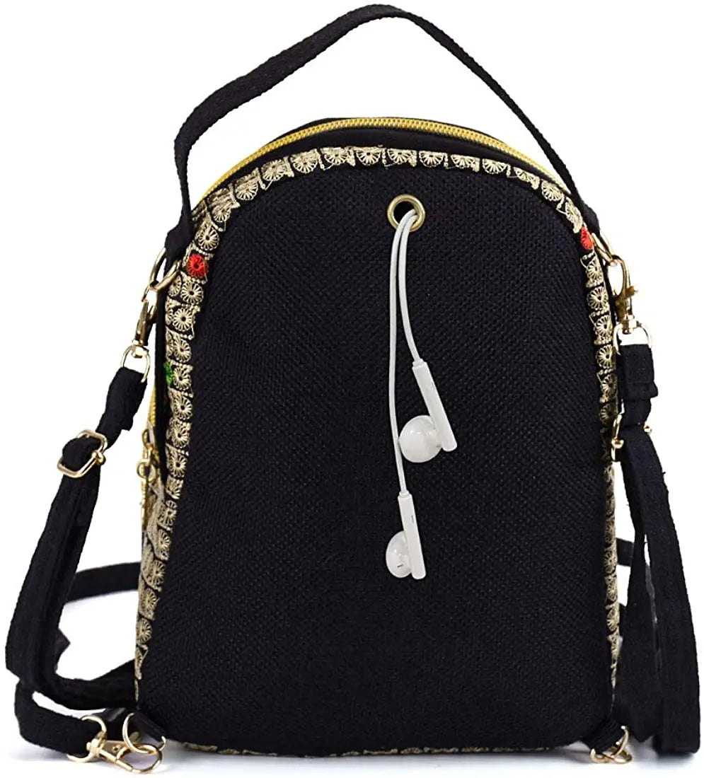 Vintage Mini Crossbody Backpack Embroidered Flower Zipper Bag