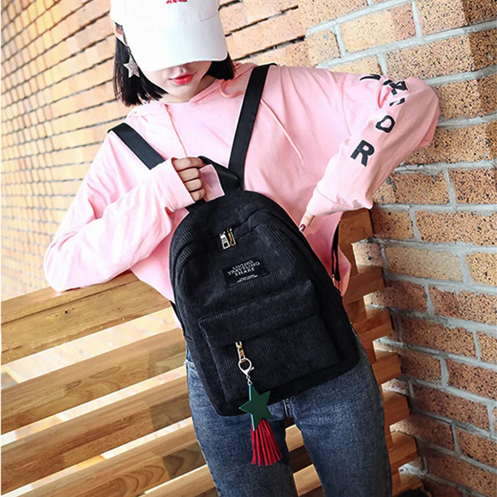 Striped School Backpack for Teenage Girls Tassel Shoulder Bag