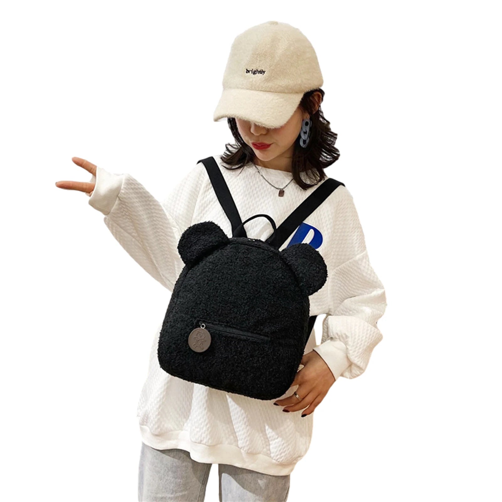 Women Girls Bear Ear Fleece Small Backpack Casual Warm Lambswool Daypack Bag