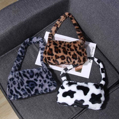 Leopard Print Mini Shoulder Bag Soft Faux Fur Underarm Handbag