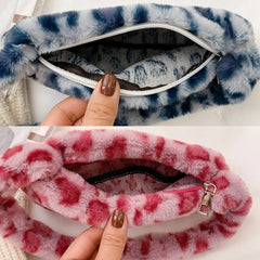 Leopard Print Mini Shoulder Bag Soft Faux Fur Underarm Handbag