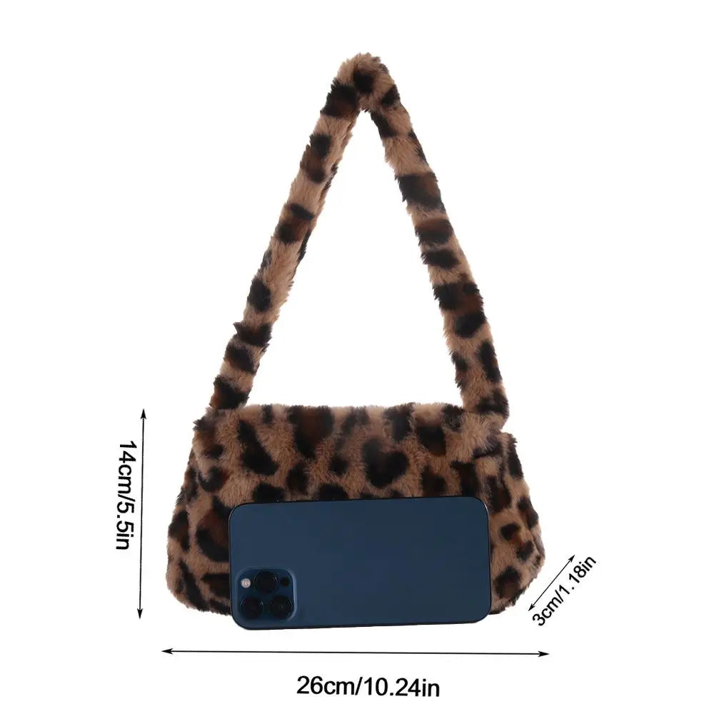 Leopard Print Mini Shoulder Bag Soft Faux Fur Underarm Handbag