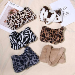 Leopard Print Mini Shoulder Bag Soft Faux Fur Underarm Handbag