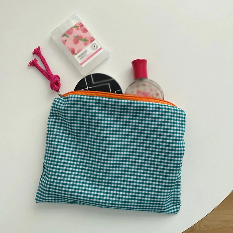 Plaid Makeup Bag Cotton And Linen Zipper Pouch Large Capacity Storage