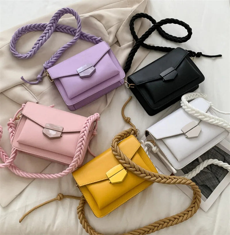 Small Crossbody Bag Solid PU Leather Shoulder Braided Strap Pink Yellow