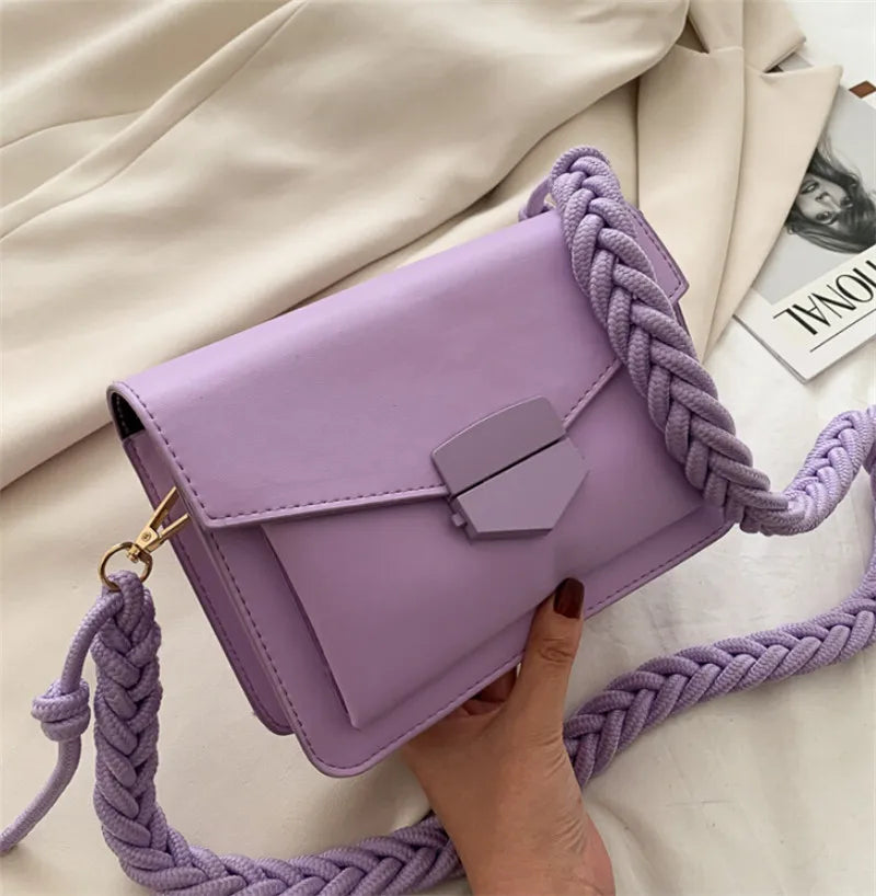 Small Crossbody Bag Solid PU Leather Shoulder Braided Strap Pink Yellow