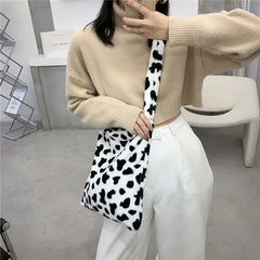 Plush Cow Print Crossbody Purse Lightweight Travel Satchel
